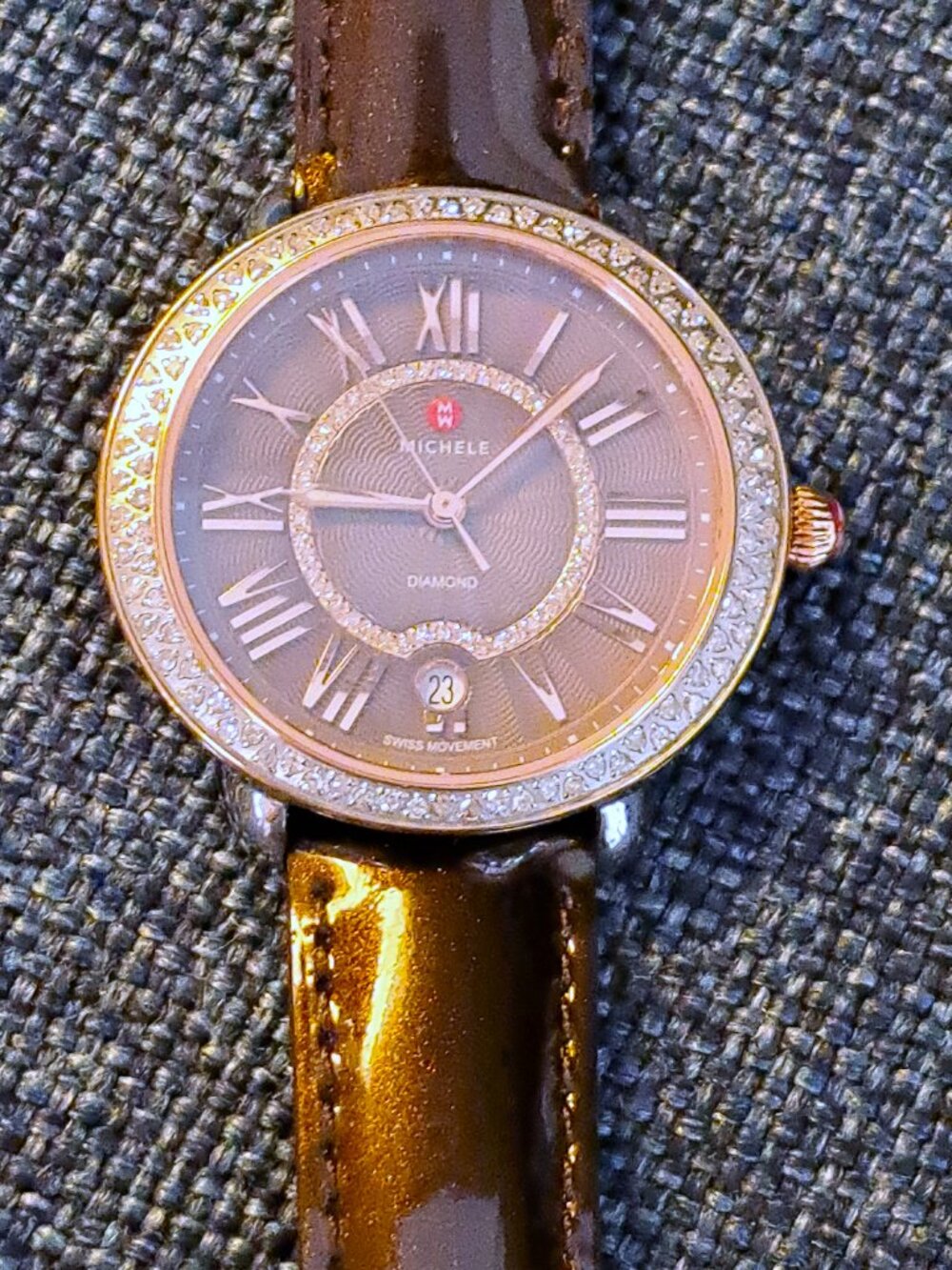 NICE MICHELE BRAND LADIES WATCH W RHINESTONE RIM LEATHER BAND NEEDS BATTERY